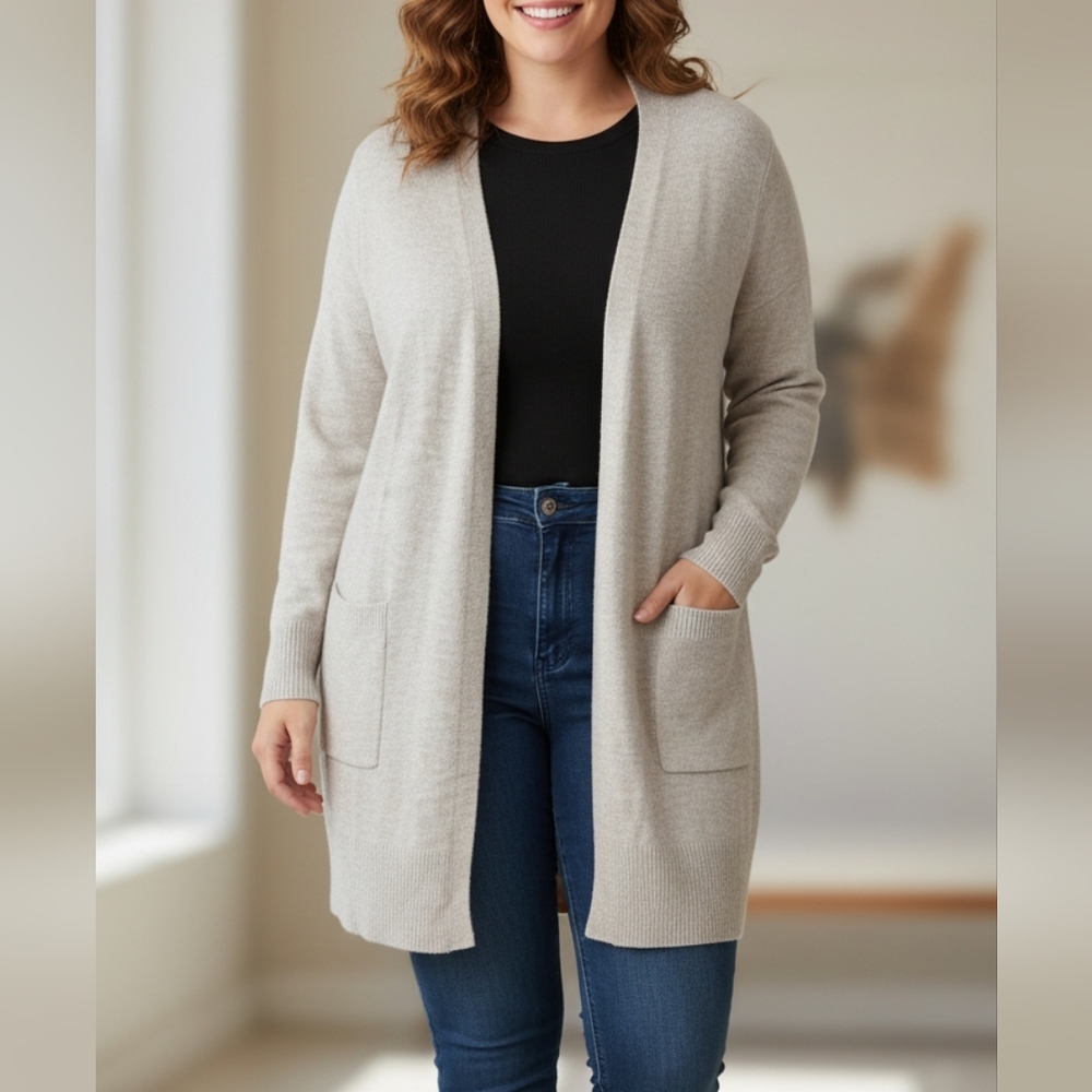 Women's plus size super soft long tan open cardigan sweater plus size 1X